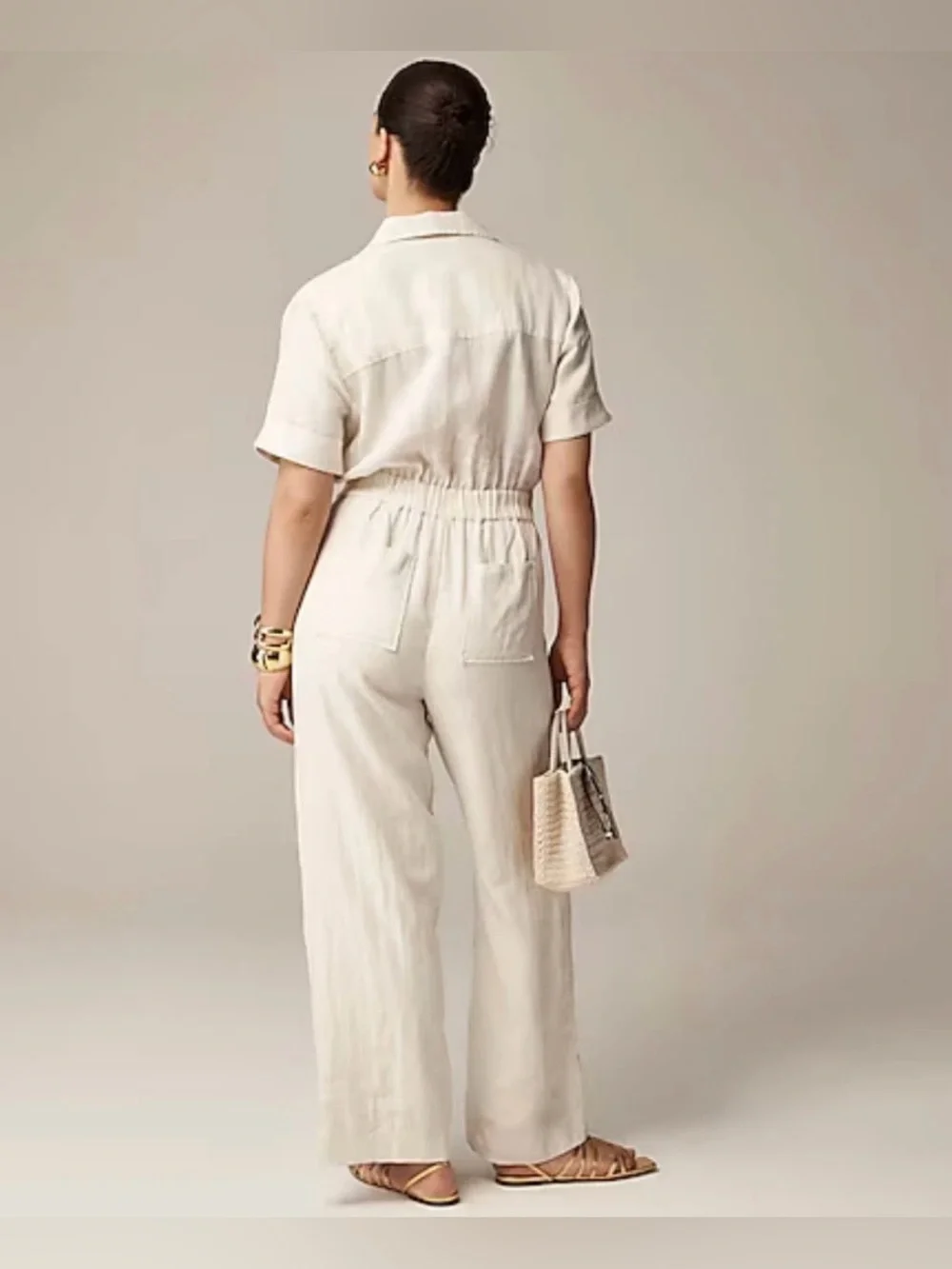 J.Crew 100% Linen Utility Jumpsuit Ivory Wide Leg Collared Short Sleeve